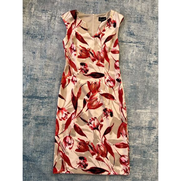 Connected Apparel Off White Taupe Red Floral Sleeveless Dress Size 4 - Picture 1 of 8